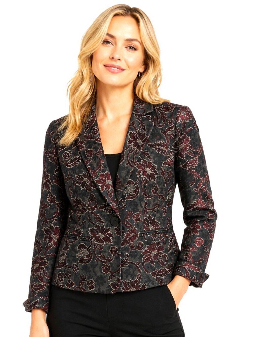 Kate Hill Black Burgundy Metallic Brocade Blazer NWT
